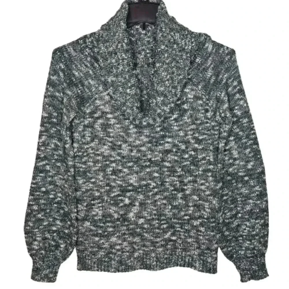 Women's Hunter Green White Speckled Cowl Neck Balloon Sleeve Sweater Cabincore L - Picture 6 of 8